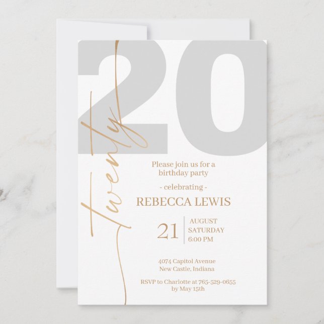 Invitación Fiesta moderna del vigésimo cumpleaños (Anverso)