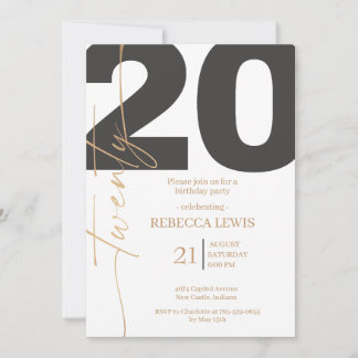 Invitación Fiesta moderna del vigésimo cumpleaños número 20
