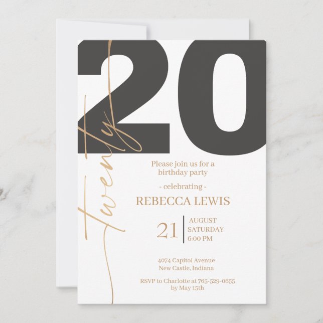 Invitación Fiesta moderna del vigésimo cumpleaños número 20 (Anverso)
