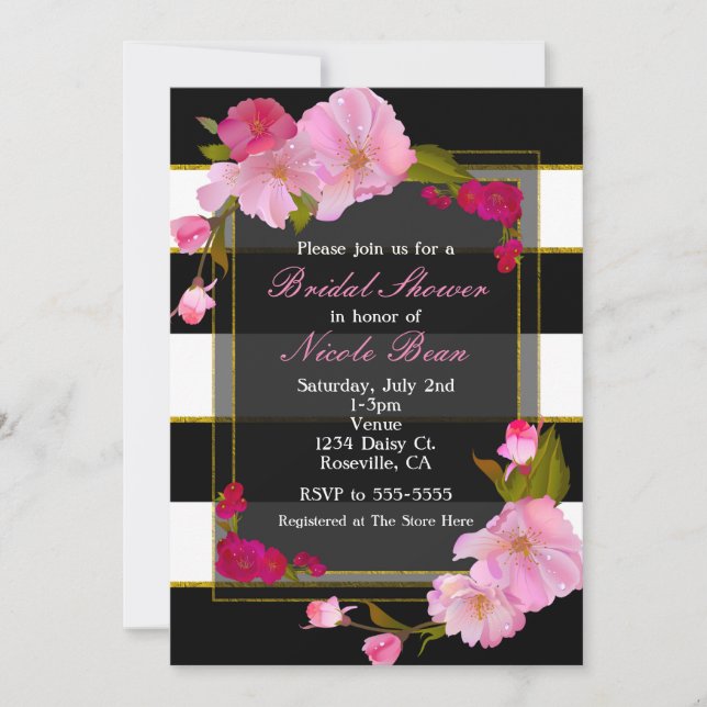 Invitación Fiesta moderna floral chic de negro blanco y dorad (Anverso)
