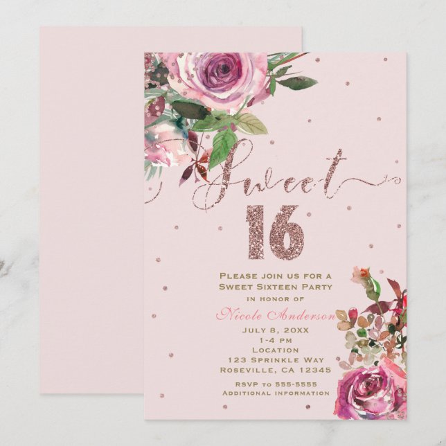 Invitación Fiesta moderna floral de rosa dorada y rosa claro  (Anverso / Reverso)