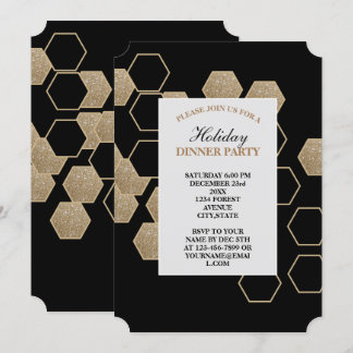 Invitación fiesta moderna geométrica de hexágono negro y dora