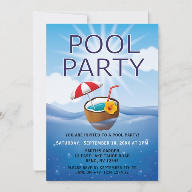 Invitación Fiesta Moderna y Simple en la Piscina (Anverso)