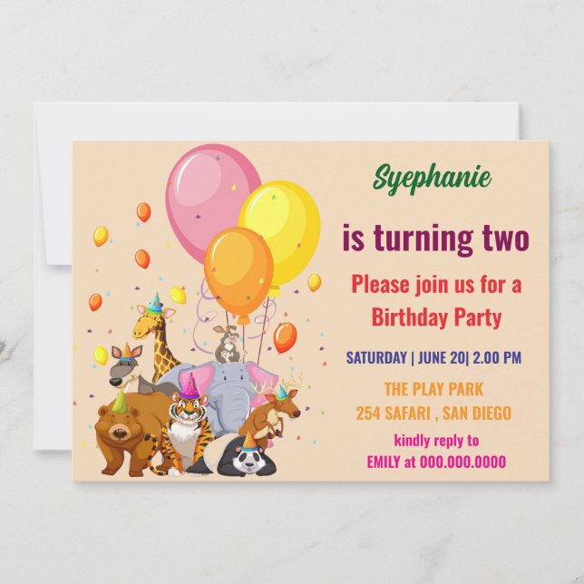 Invitación Fiesta moderno Animales color arcoiris Cumpleaños (Anverso)