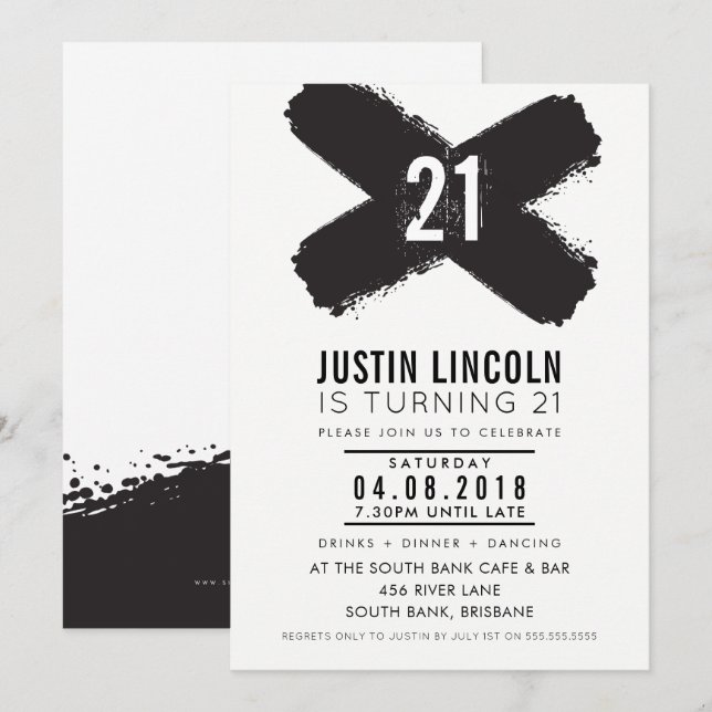 Invitación FIESTA MODERNO de 21 años pinceladas de pincel neg (Anverso / Reverso)