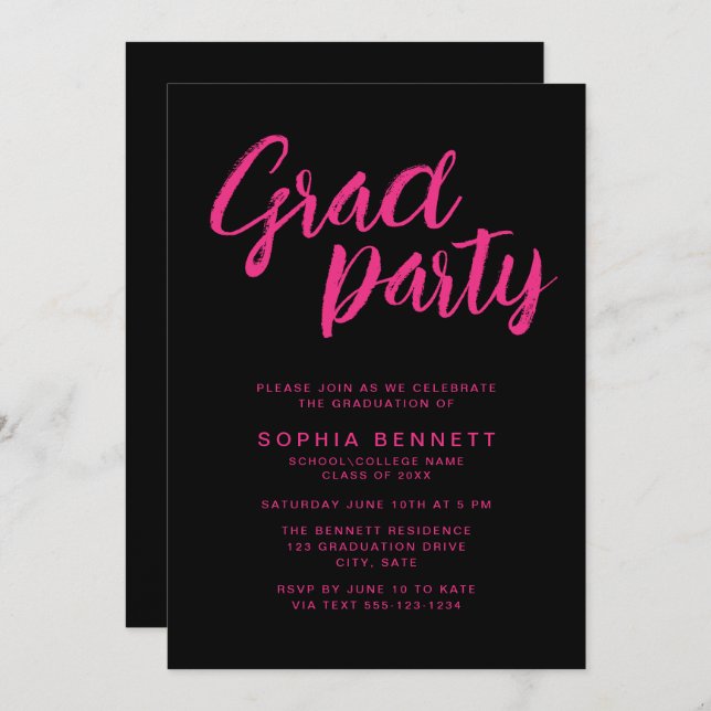 Invitación Fiesta moderno de estilo de pincel con guion negro (Anverso / Reverso)