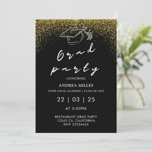 Invitación Fiesta Moderno De Grado De Guión Blanco Y Negro (Anverso de pie)