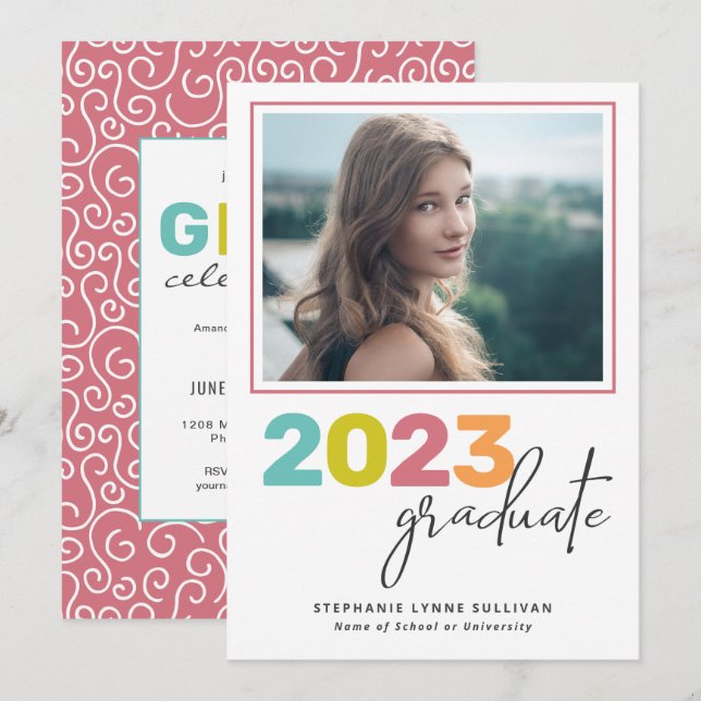 Invitación Fiesta moderno de graduados colorido y moderno (Anverso / Reverso)