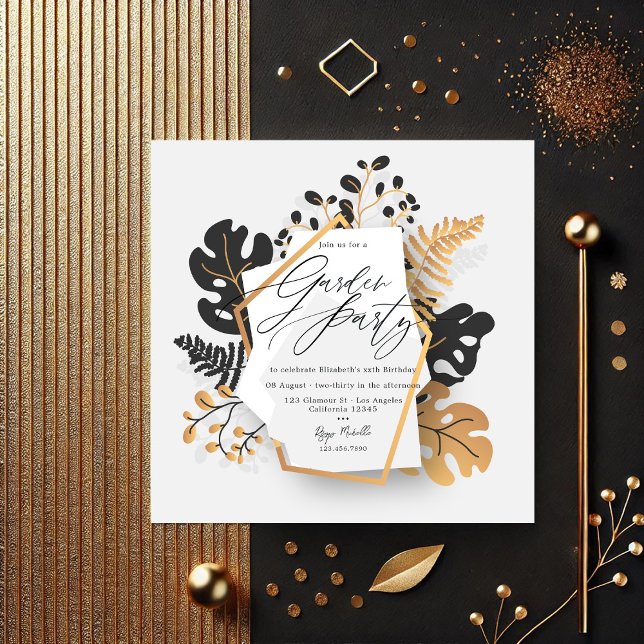 Invitación Fiesta moderno de Jardín Botánico Negro y Oro (Modern Black and Gold Botanical Garden Party Invitation)