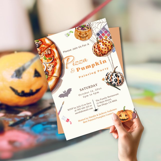Invitación Fiesta moderno de pintura de Halloween y Pizza de  (Modern Halloween Pizza & Pumpkin Painting Party Invitation)