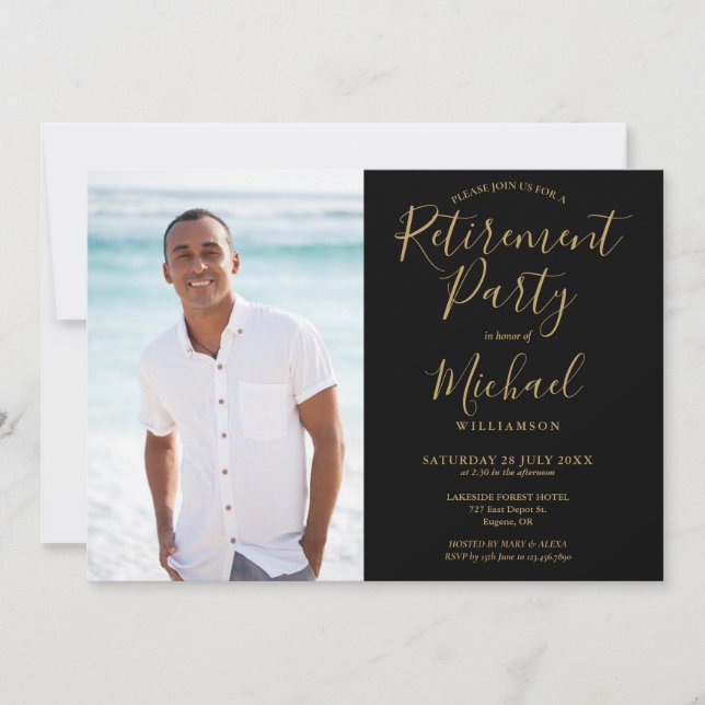 Invitación Fiesta Moderno De Retiro De Fotos En Negro Y Oro (Anverso)