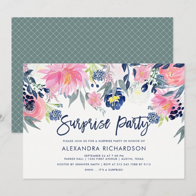 Invitación Fiesta moderno de Rubor y Navy Floral Surprise (Anverso / Reverso)