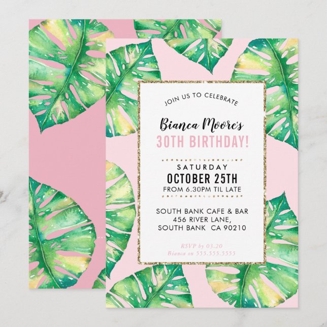 Invitación FIESTA MODERNO INVITE hojas de monstera tropical (Anverso / Reverso)