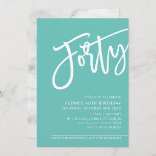 Invitación fiesta MODERNO SCRIPT 40º cumpleaños menta blanca