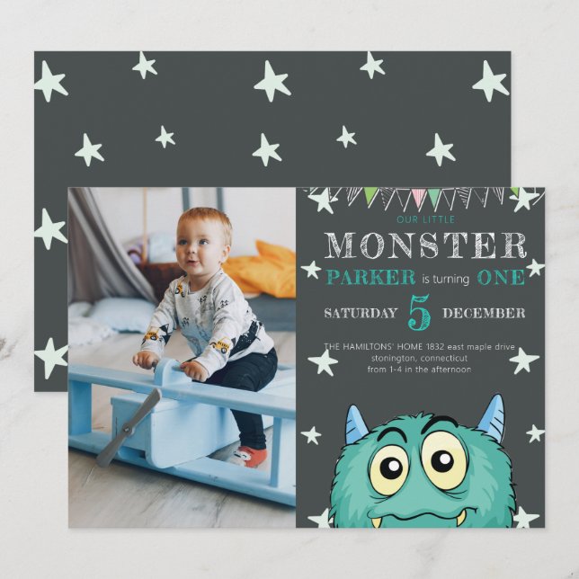 Invitación Fiesta Monster Kids Foto de cumpleaños (Anverso / Reverso)