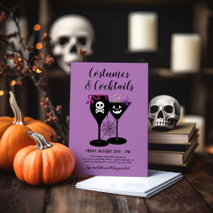 Invitación Fiesta morada de Halloween con disfraces y cóctele