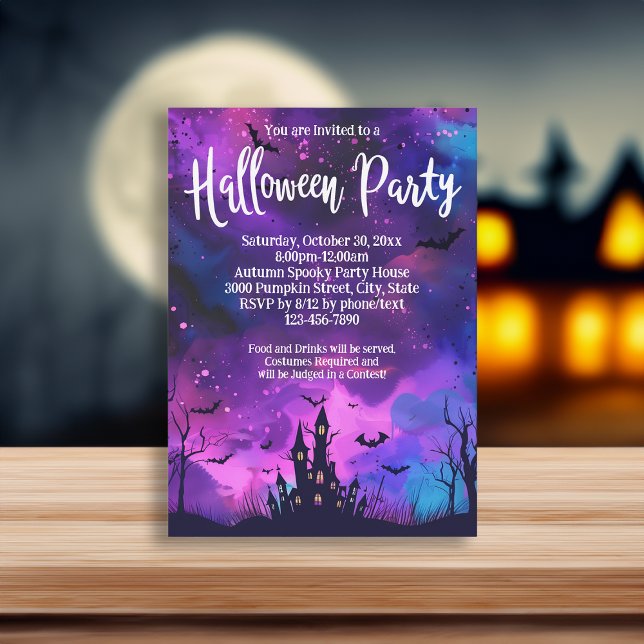 Invitación Fiesta morada de Halloween con tinta para la casa (purple haunted house invitation)