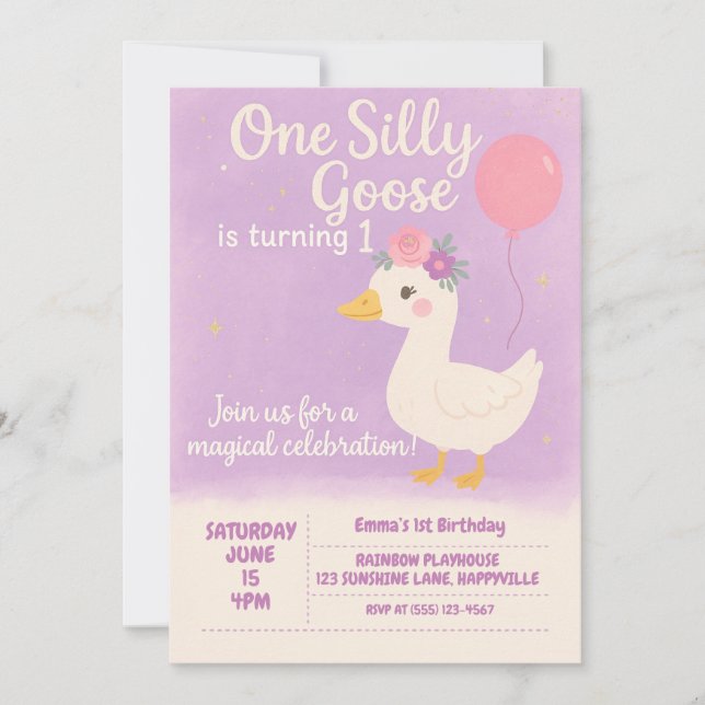 Invitación Fiesta morada del primer cumpleaños - una gallina  (Anverso)