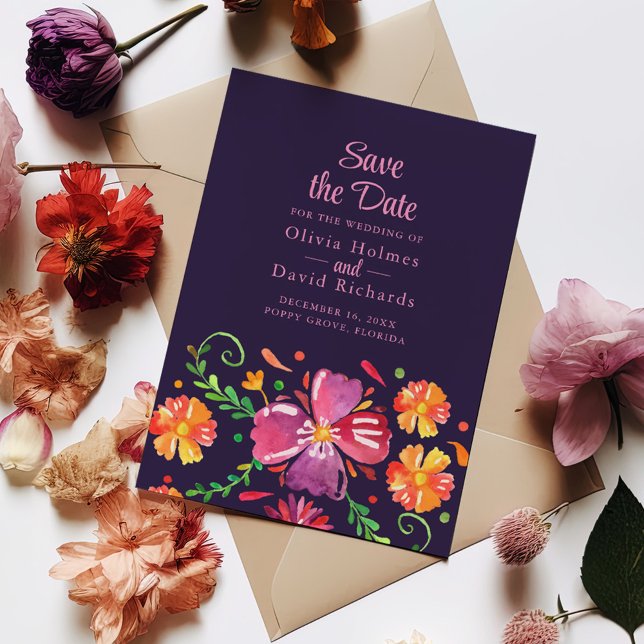 Invitación Fiesta morada floral violeta mexicana salva la fec (Purple Mexican Vibrant Floral Fiesta Save the Date Invitation on a table surrounded with flowers.)