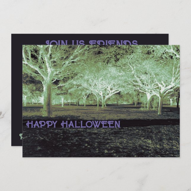 Invitación Fiesta morada y verde de Halloween da miedo a los  (Anverso / Reverso)
