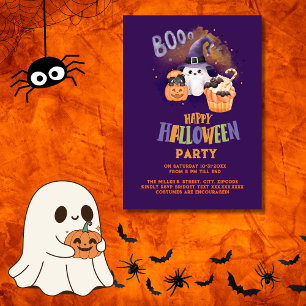 Invitación fiesta morado lindo de Fantasma y Calabaza de Hall