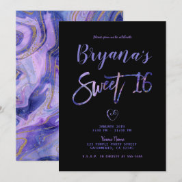 Invitación Fiesta Morado Negro Mármol Dorado Chic Glam Dulces