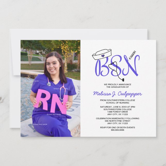 Invitación fiesta/morado para graduación de foto de enfermera (Anverso)