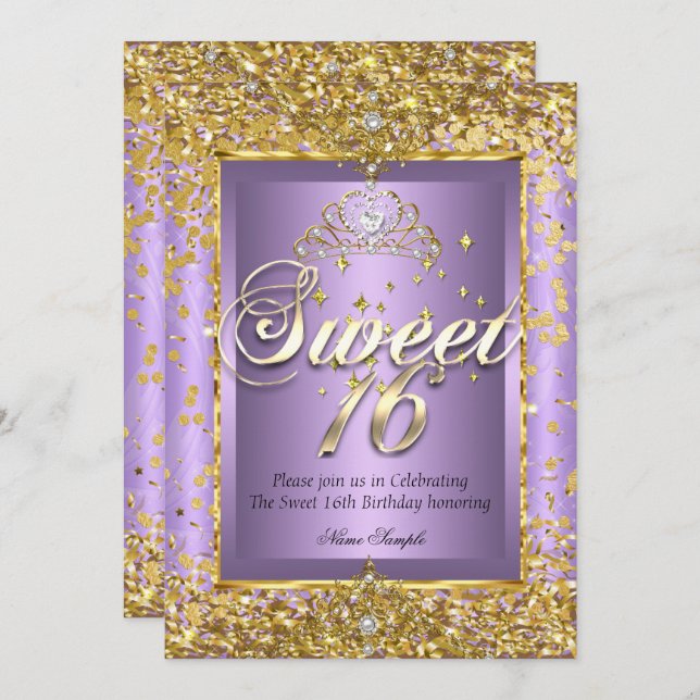 Invitación Fiesta morado Princess Sweet 16 Gold Lavender (Anverso / Reverso)