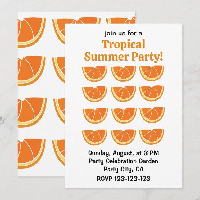 Invitación Fiesta naranja Tropical de Verano (Anverso / Reverso)