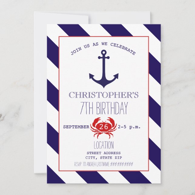 Invitación Fiesta Náutica de Cumpleaños - Ancla + Cangrejo (Anverso)