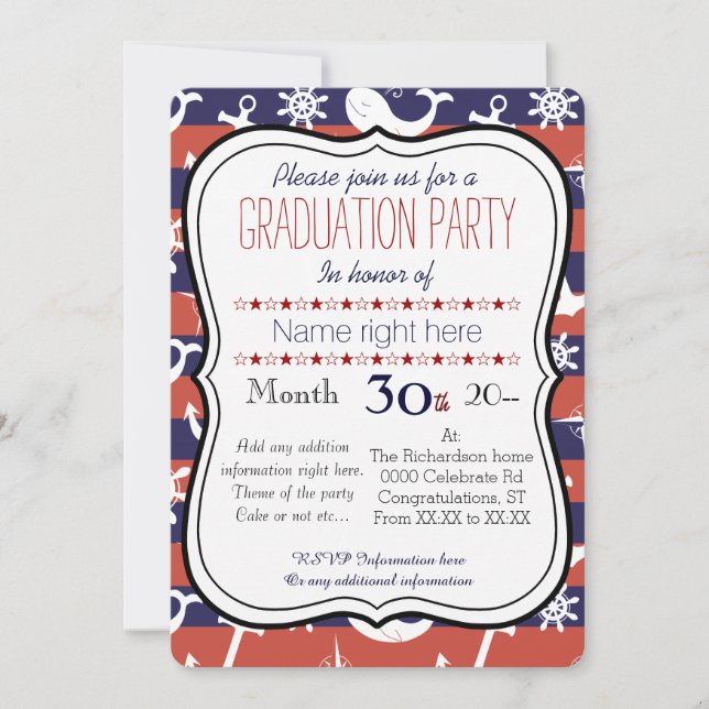 Invitación Fiesta náutico de Graduaton de los azules marinos (Anverso)