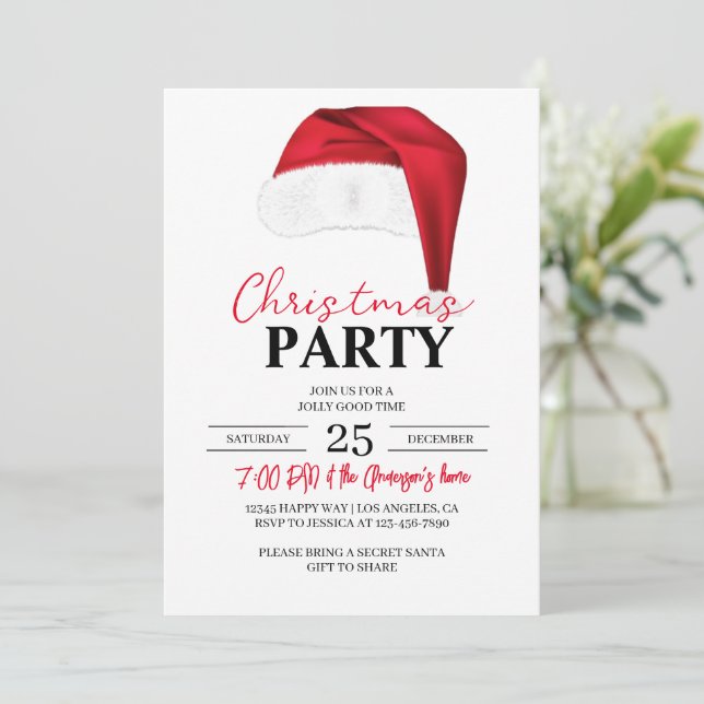 Invitación Fiesta navidad Cumpleaños Navidad Cena Santa Hat (Anverso de pie)