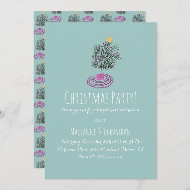 Invitación Fiesta navidad dibujó un doodle de árbol de Navida (Anverso / Reverso)