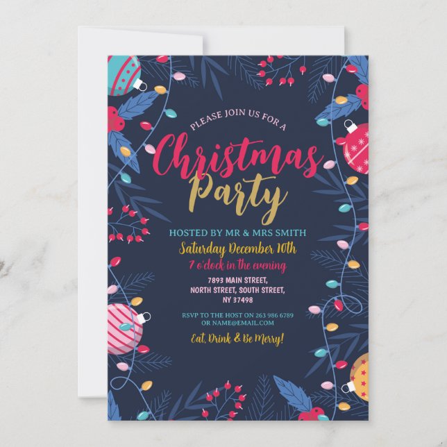 Invitación Fiesta navidad Foliage Baubles Navy Festive Fun (Anverso)