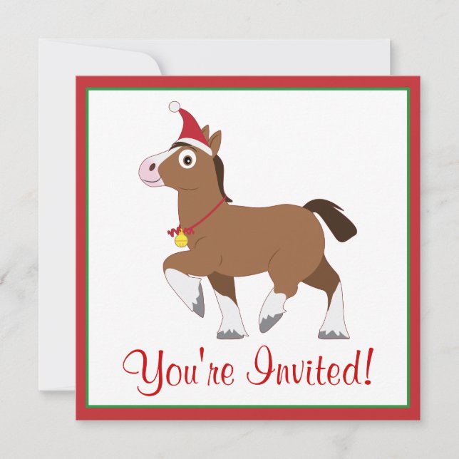 Invitación Fiesta navidad invitado con caballo en Santa Hat (Anverso)