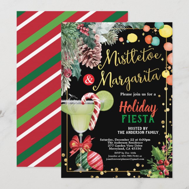 Invitación Fiesta navidad Mistletoe y cóctel Margarita (Anverso / Reverso)