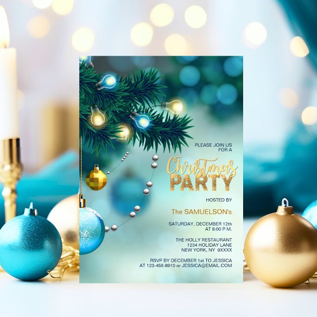 Invitación FIESTA navidad Purpurina de Baudibles Blue Gold Tr (CHRISTMAS PARTY Blue Gold Tree Baubles Glitter Invitation)