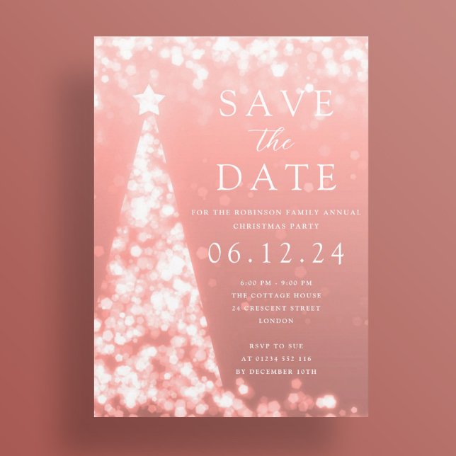 Invitación Fiesta navidades Guardar El Árbol De Oro Rosa De F (Christmas Party Save The Date Rose Gold Tree Glam Invitation)