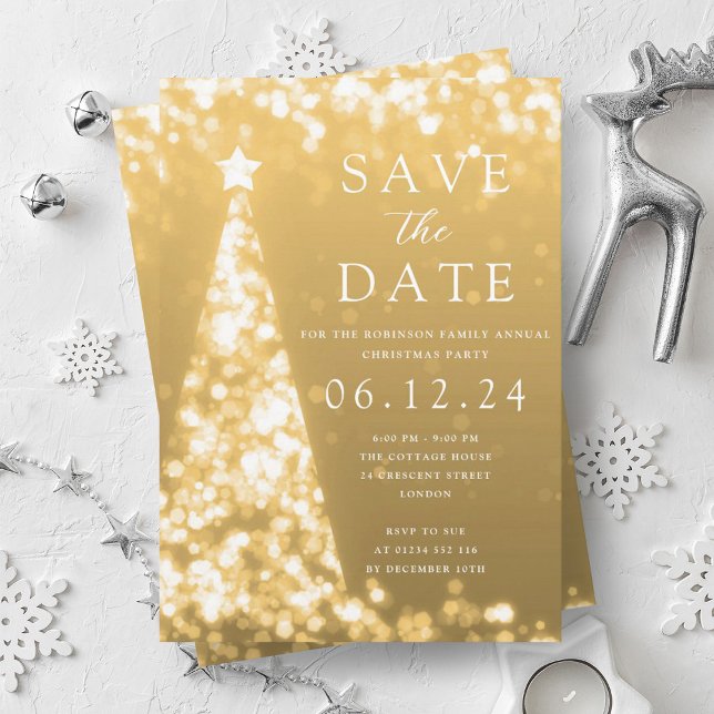 Invitación Fiesta navidades Guardar El Glam Del Árbol De Oro  (Christmas Party Save The Date Gold Tree Glam Invitation)