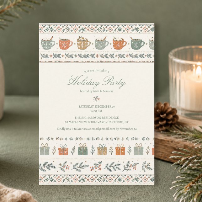 Invitación Fiesta Navideña Acogedora (elegant cozy hygge script calligraphy Christmas holiday party invitation with custom details)