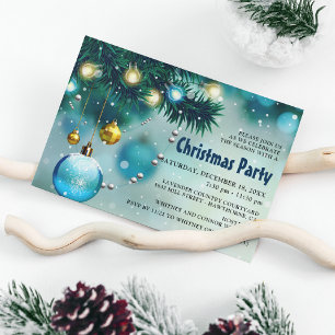 Invitación Fiesta Navideña Alegre Azul y Dorada
