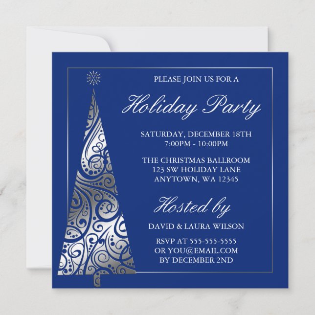 Invitación Fiesta navideña Blue Silver Swirl (Anverso)