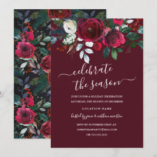 Invitación Fiesta Navideña Burgundy Roja Floral Moderna