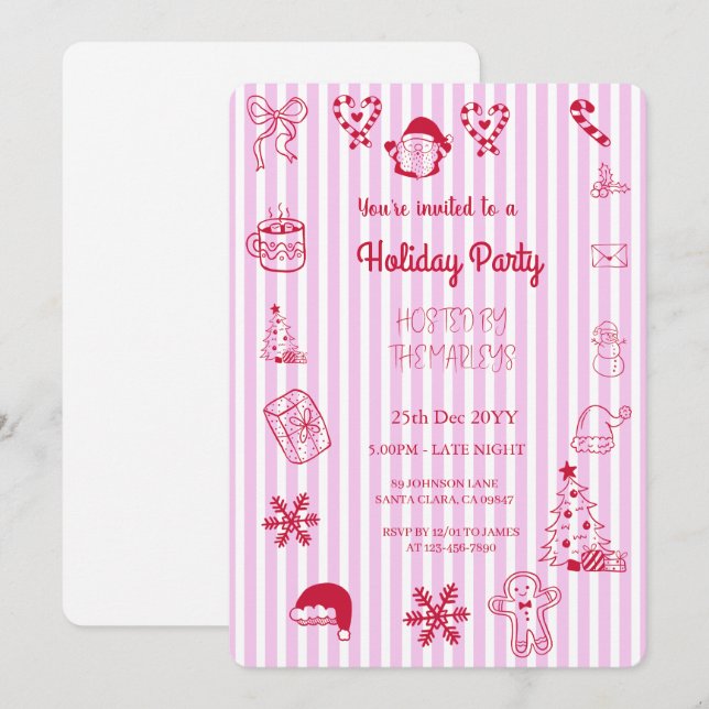 Invitación Fiesta navideña caprichosa dibujada a mano (Anverso / Reverso)