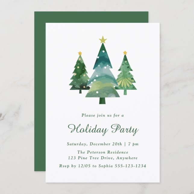 Invitación Fiesta navideña con acuarela moderna (Anverso / Reverso)