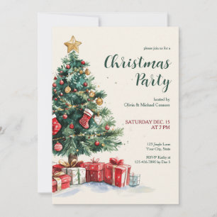 Invitación Fiesta Navideña con Árbol de Navidad al Acuarela