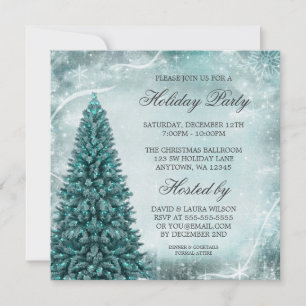 Invitación Fiesta Navideña con Árbol de Navidad Azul Teal