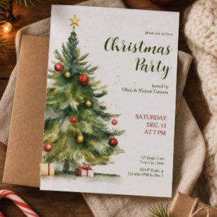 Invitación Fiesta Navideña con Árbol de Navidad en Acuarela