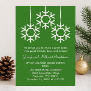 Invitación Fiesta navideña con copos de nieve en caída, verde