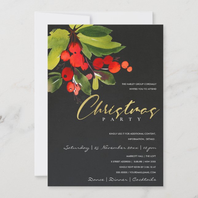 INVITACIÓN FIESTA NAVIDEÑA CORPORATIVA DE FRUTOS ROJOS NEGROS (Anverso)